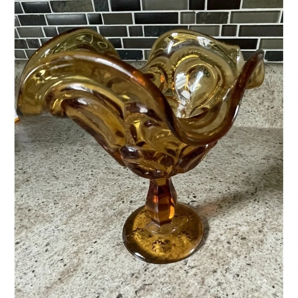 Amber Moon and Stars Pedestal Compote Candy Dish Ruffled Lip Vtg L E Smith 6
